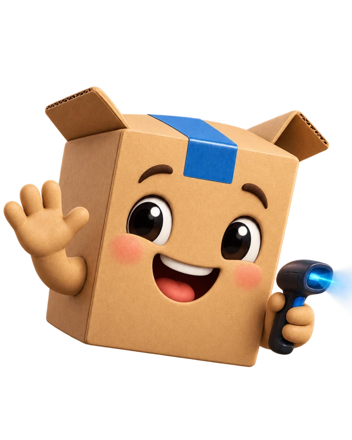 The Back Office Company mascot, a cardboard box holding a barcode scanner
