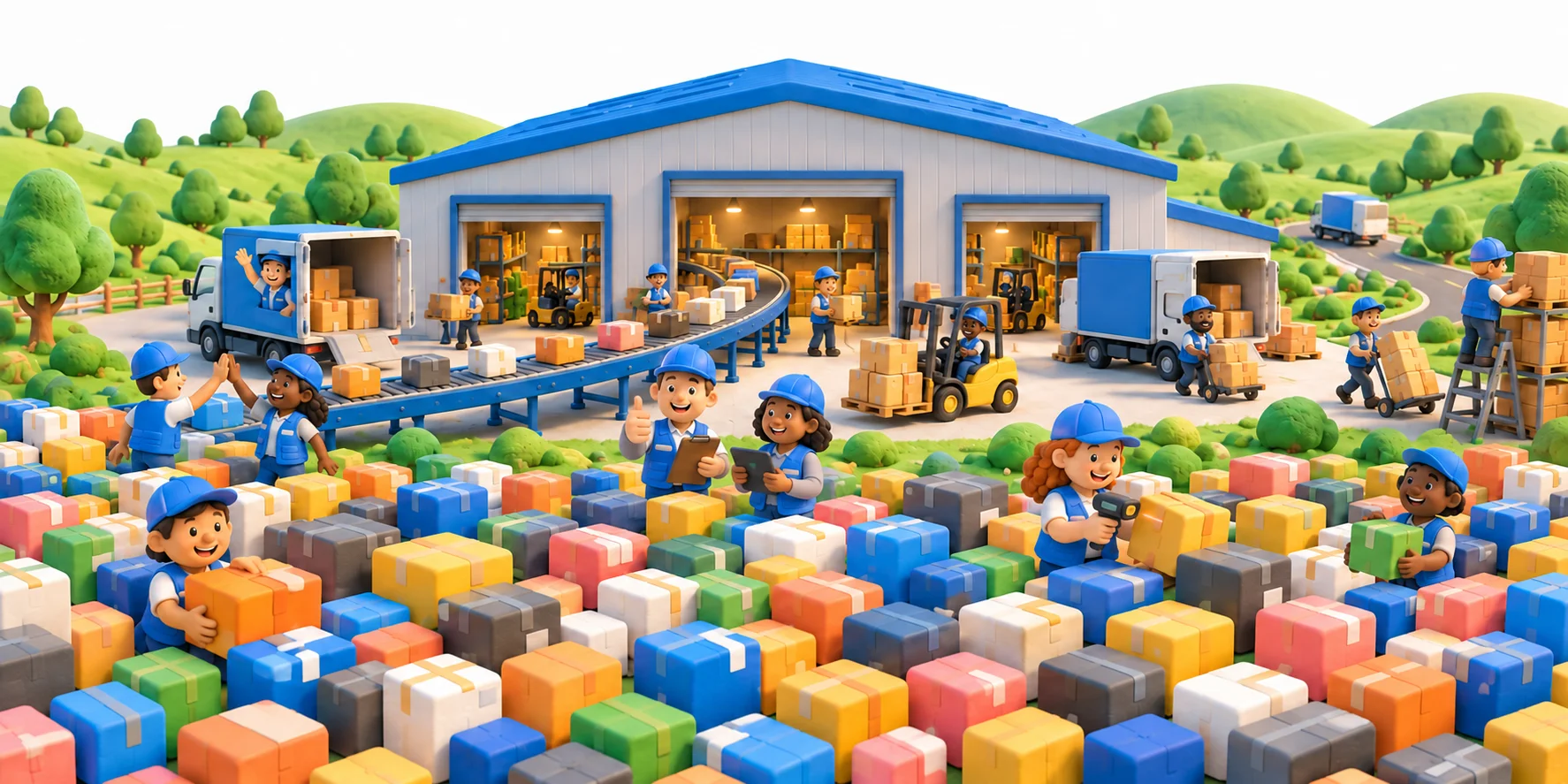 Clay warehouse workers loading trucks, driving forklifts and sorting a sea of colourful parcels